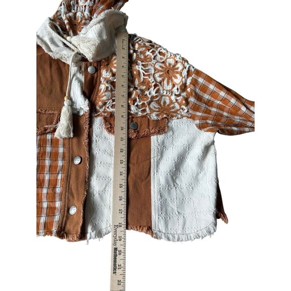 Miss Me Floral Pieced Denim Jacket size S Boho Multi Orange Hooded Crochet Cropp - Picture 8 of 14